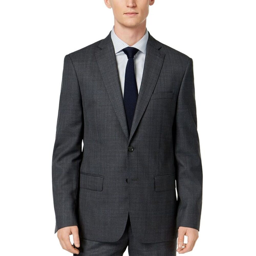 DKNY Mens Slim-Fit Performance Plaid Wool Suit Jacket 44S Grey/Blue - NWT $525